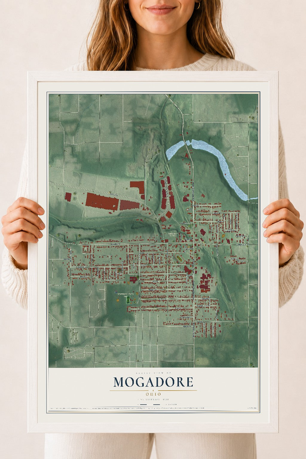 Map of Mogadore, Ohio, 18 x 24 inch print in a white wood frame