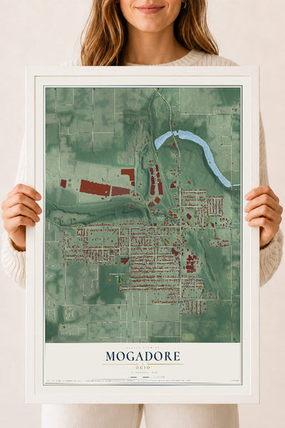 Map of Mogadore, Ohio, 18 x 24 inch print in a white wood frame