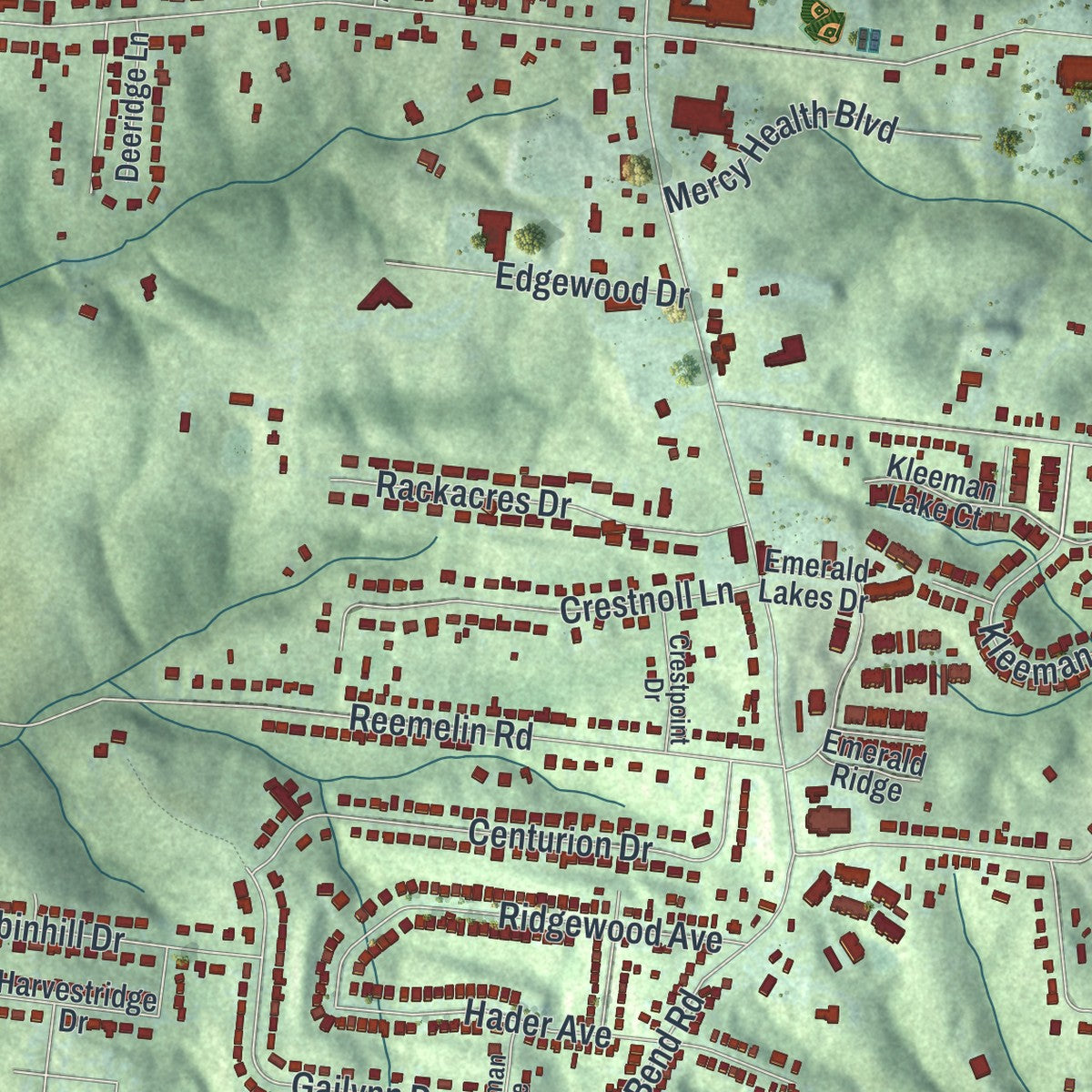Close-up of the map of Monfort Heights, Ohio print showing street and building detail