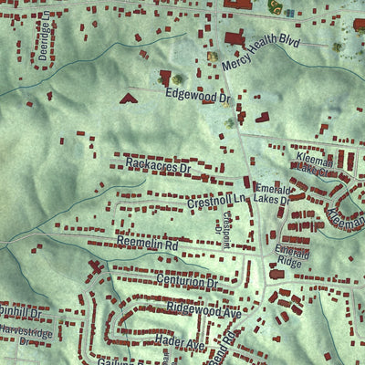 Close-up of the map of Monfort Heights, Ohio print showing street and building detail