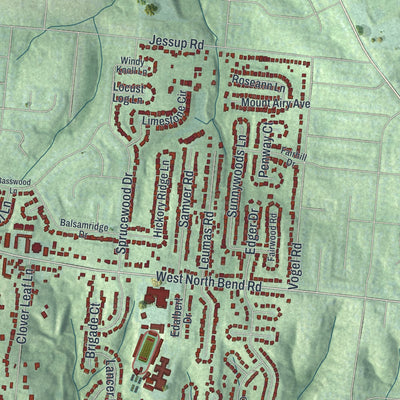 Second close-up of the map of Monfort Heights, Ohio print showing more streets and buildings