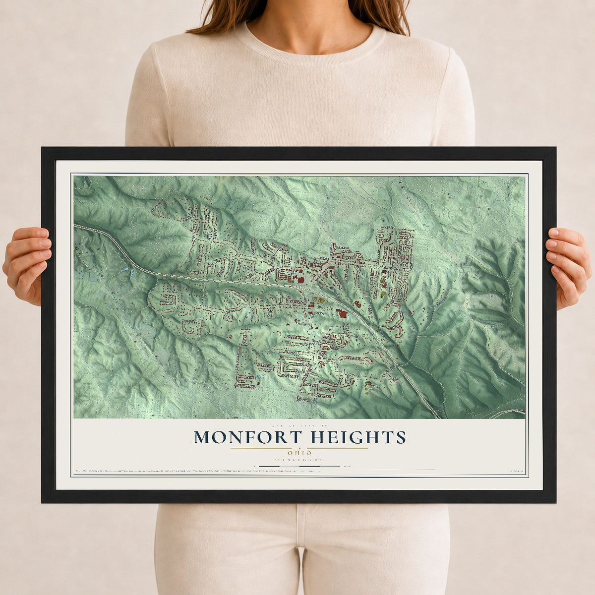 Map of Monfort Heights, Ohio, 12 x 18 inch print in a black wood frame