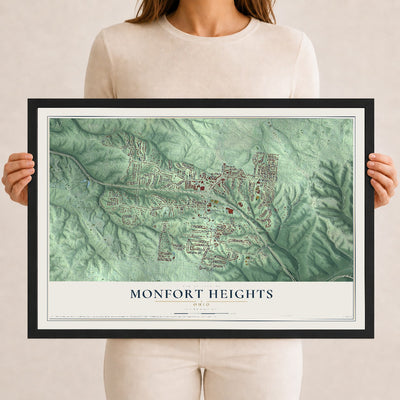 Map of Monfort Heights, Ohio, 12 x 18 inch print in a black wood frame