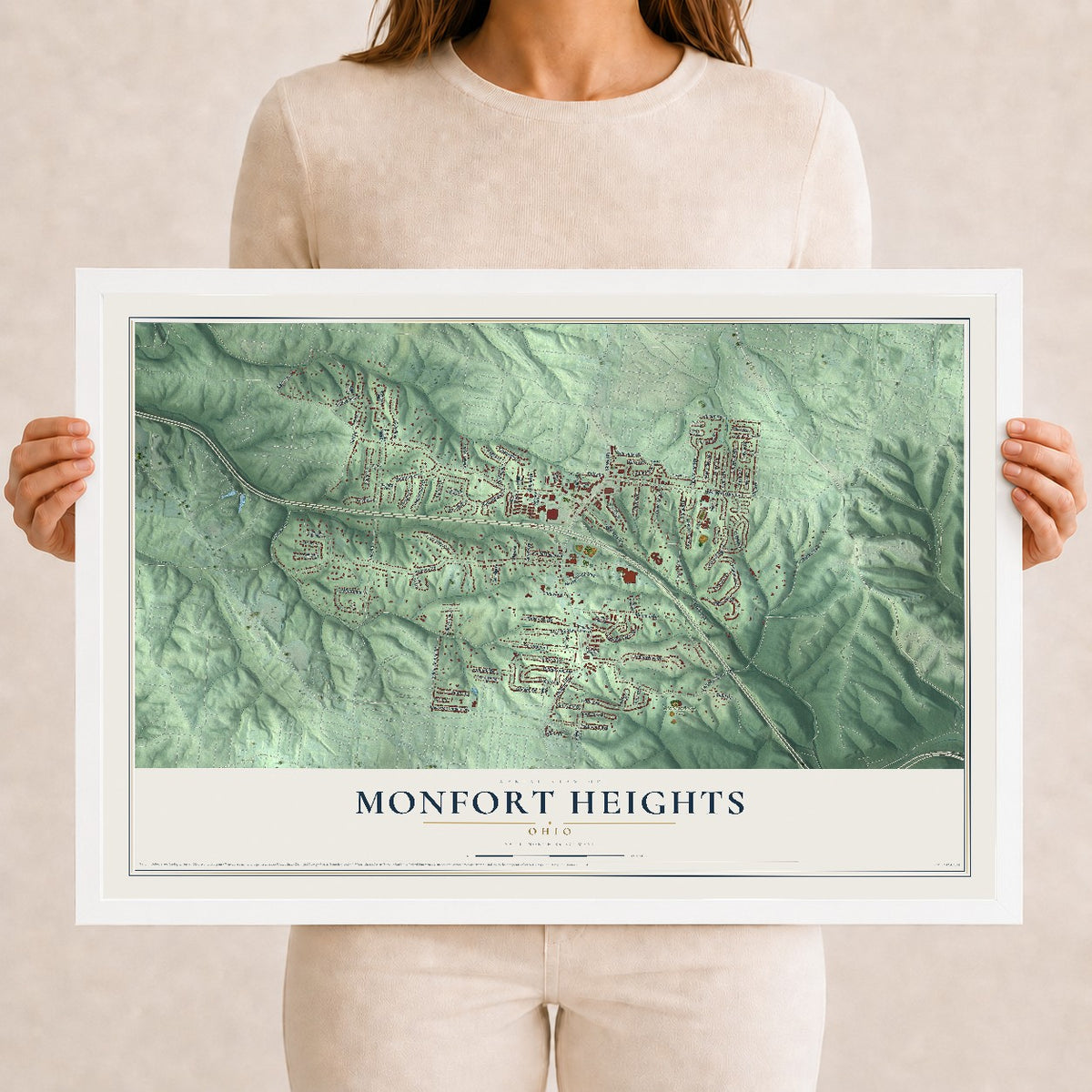Map of Monfort Heights, Ohio, 12 x 18 inch print in a white wood frame