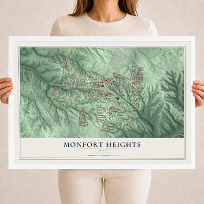 Map of Monfort Heights, Ohio, 18 x 24 inch print in a white wood frame
