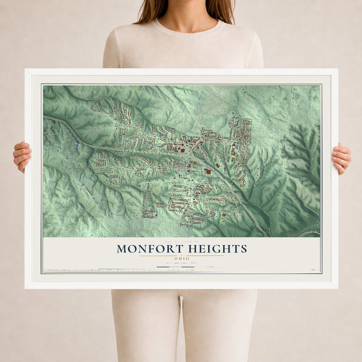Map of Monfort Heights, Ohio, 24 x 36 inch print in a white wood frame