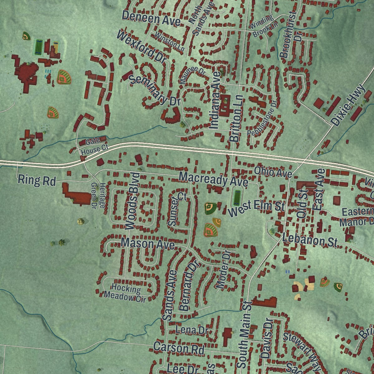 Close-up of the map of Monroe, Ohio print showing street and building detail