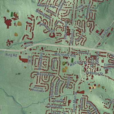 Close-up of the map of Monroe, Ohio print showing street and building detail