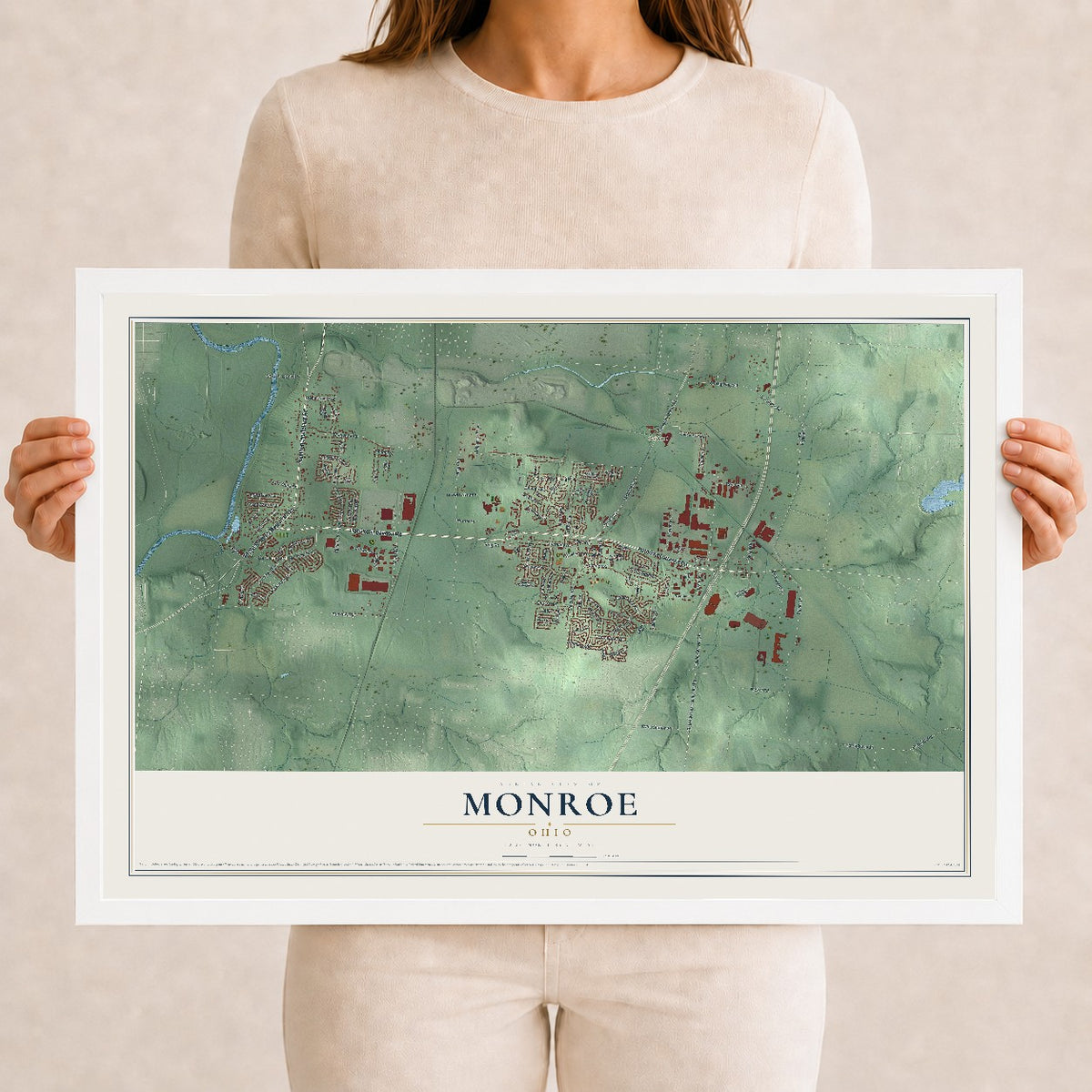 Map of Monroe, Ohio, 12 x 18 inch print in a white wood frame