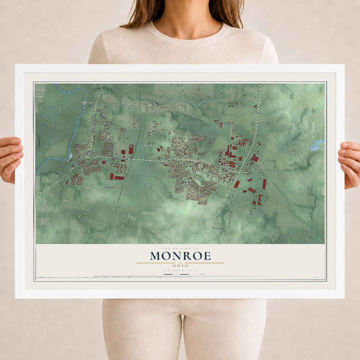 Map of Monroe, Ohio, 18 x 24 inch print in a white wood frame