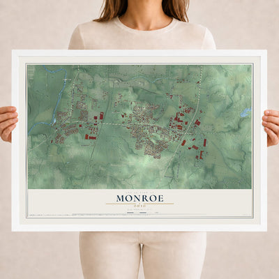 Map of Monroe, Ohio, 18 x 24 inch print in a white wood frame