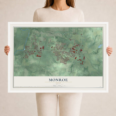 Map of Monroe, Ohio, 24 x 36 inch print in a white wood frame