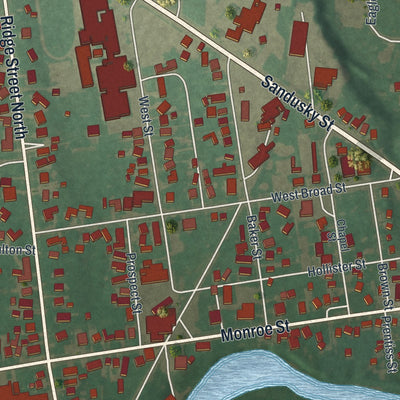 Close-up of the map of Monroeville, Ohio print showing street and building detail