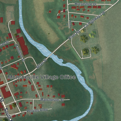 Second close-up of the map of Monroeville, Ohio print showing more streets and buildings