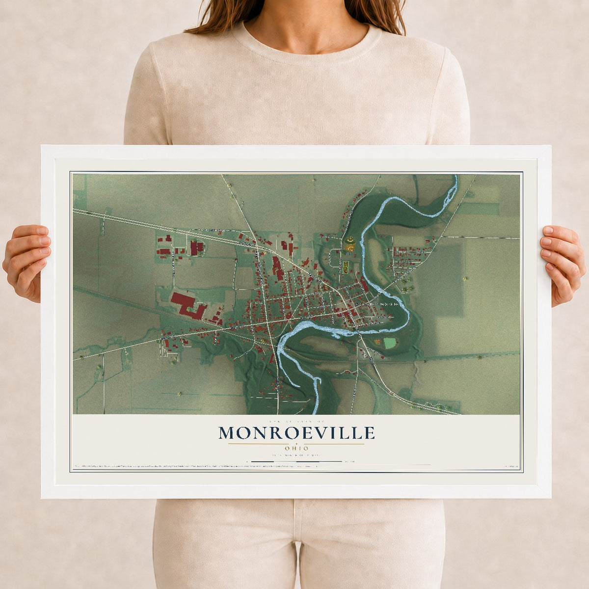Map of Monroeville, Ohio, 12 x 18 inch print in a white wood frame