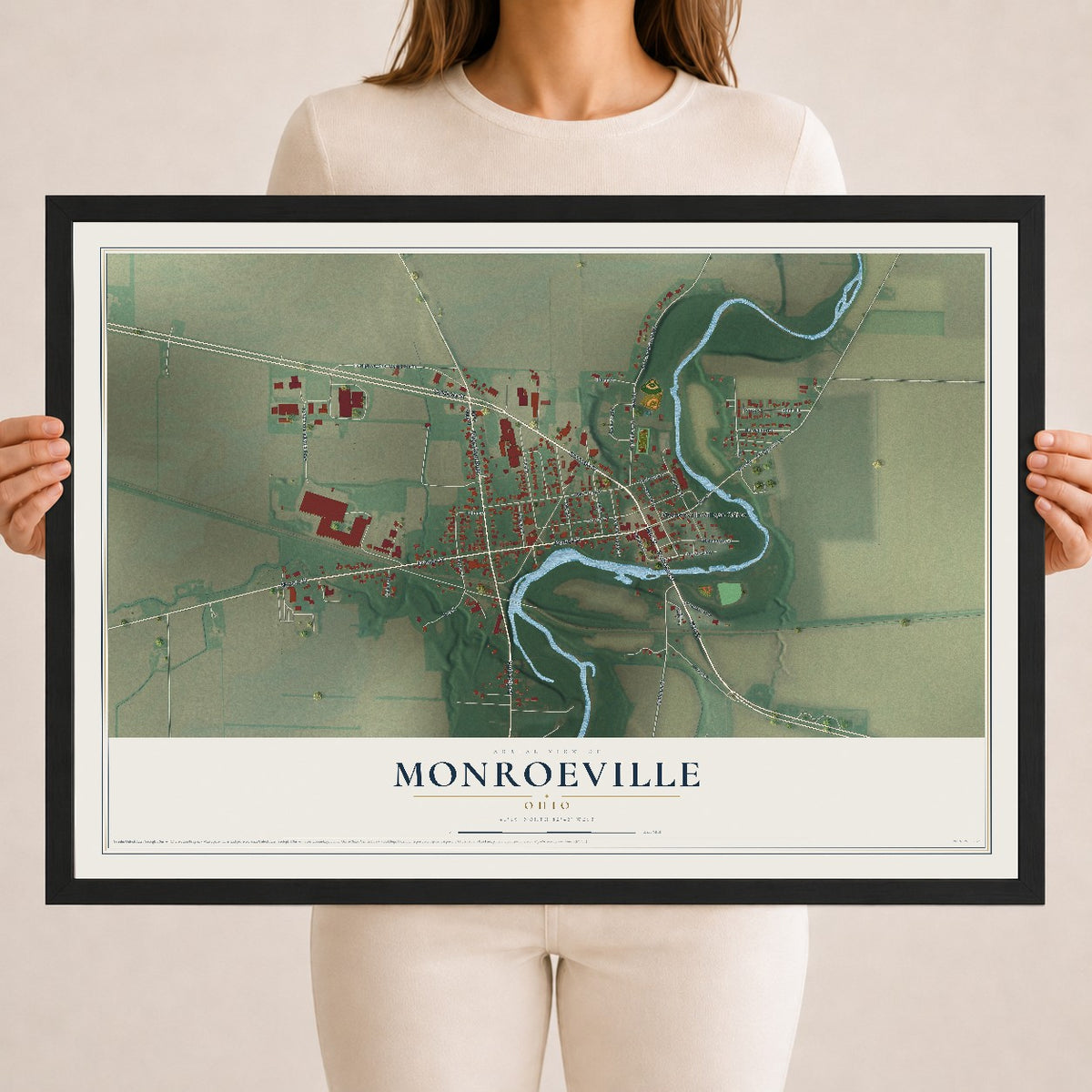 Map of Monroeville, Ohio, 18 x 24 inch print in a black wood frame