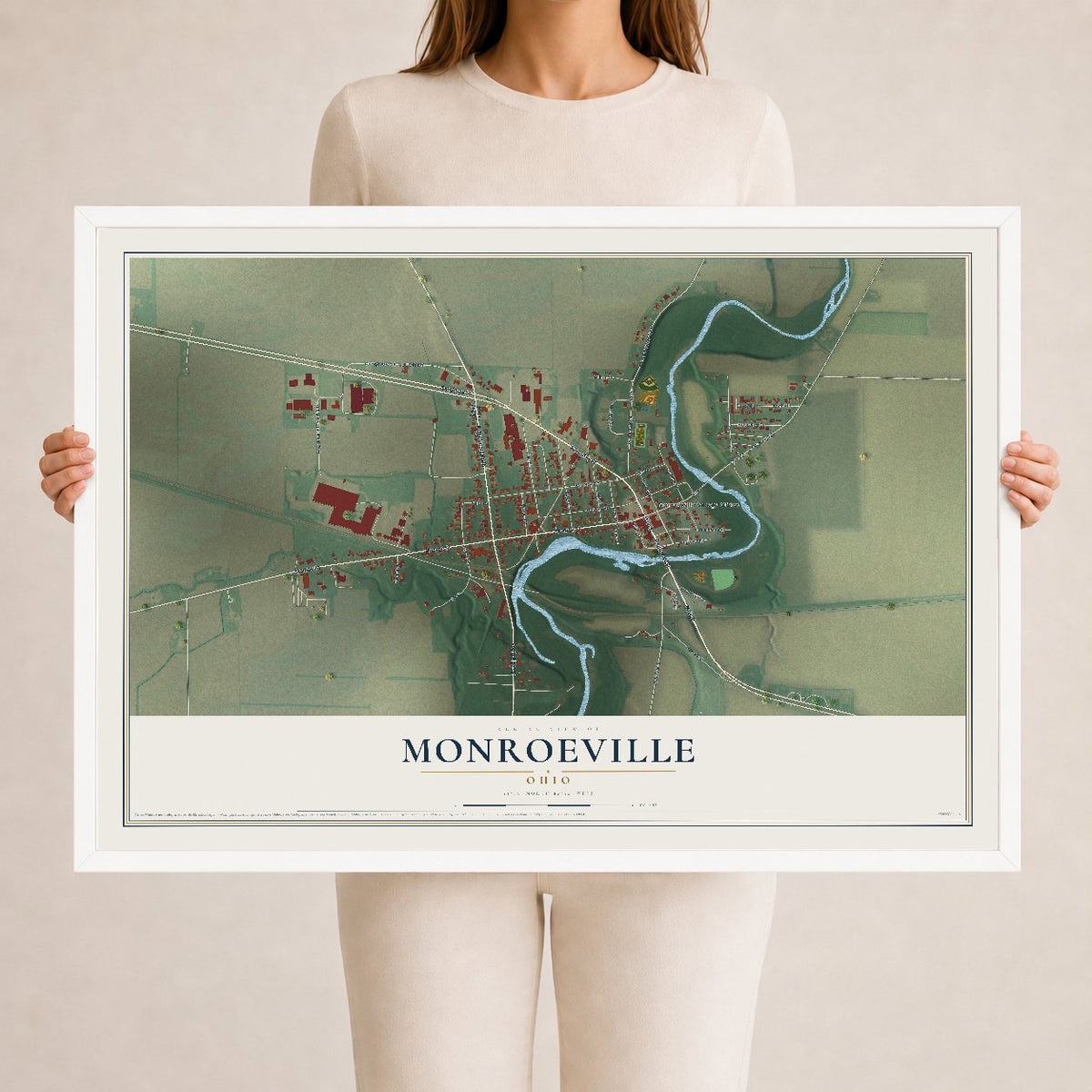 Map of Monroeville, Ohio, 24 x 36 inch print in a white wood frame