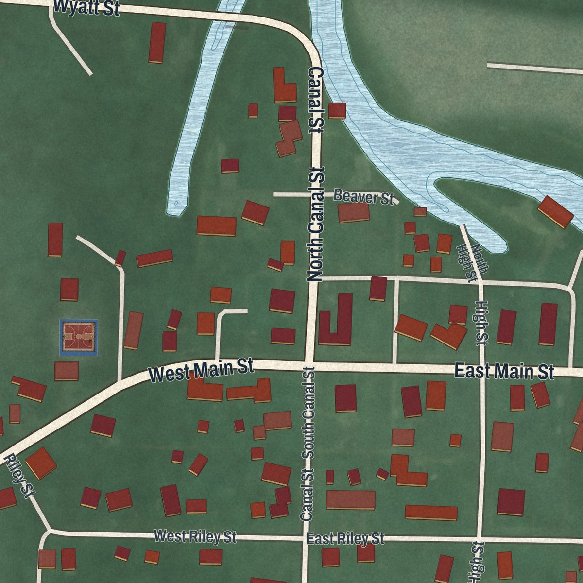 Close-up of the map of Montezuma, Ohio print showing street and building detail