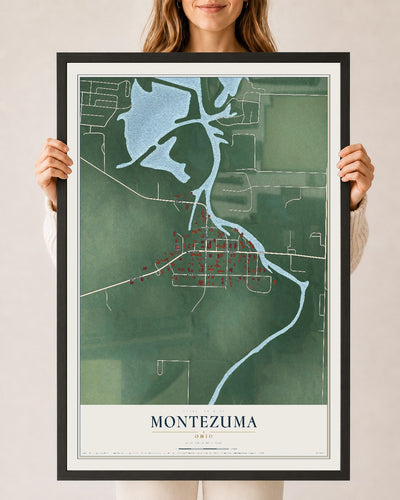 Map of Montezuma, Ohio, 24 x 36 inch print in a black wood frame