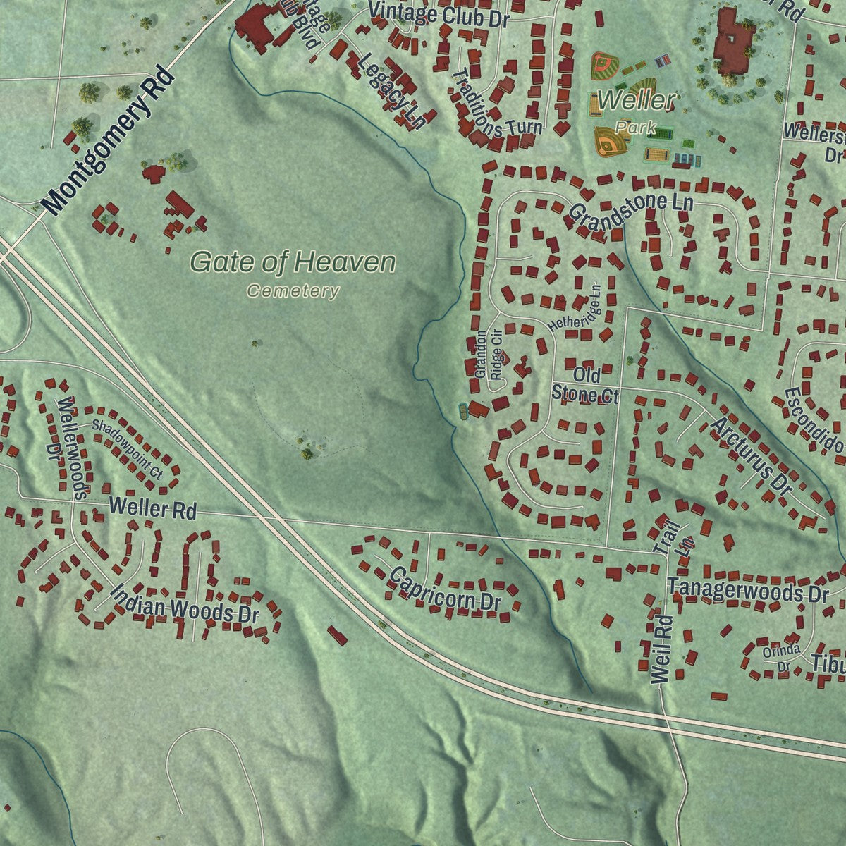 Second close-up of the map of Montgomery, Ohio print showing more streets and buildings