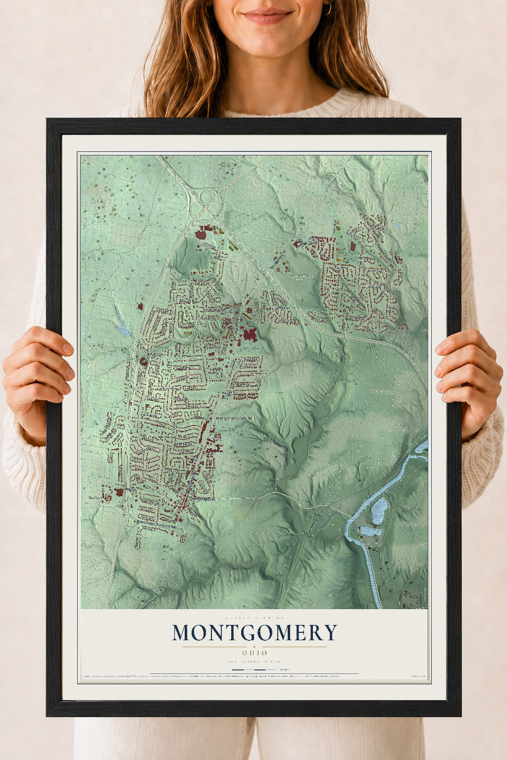 Map of Montgomery, Ohio, 18 x 24 inch print in a black wood frame