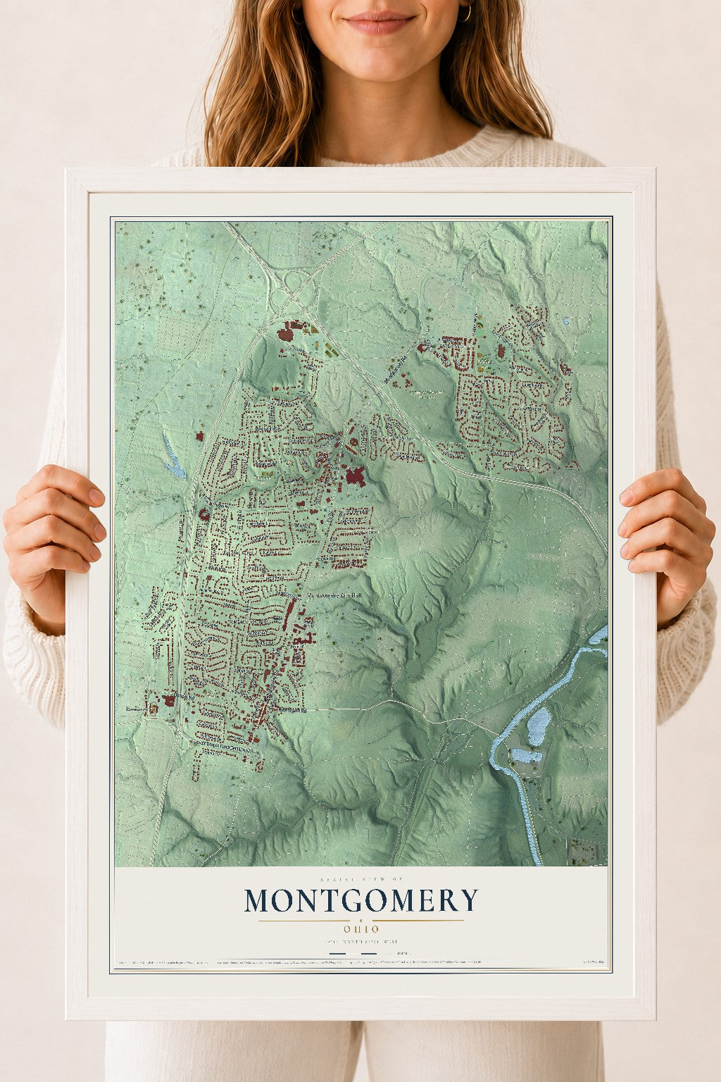 Map of Montgomery, Ohio, 18 x 24 inch print in a white wood frame