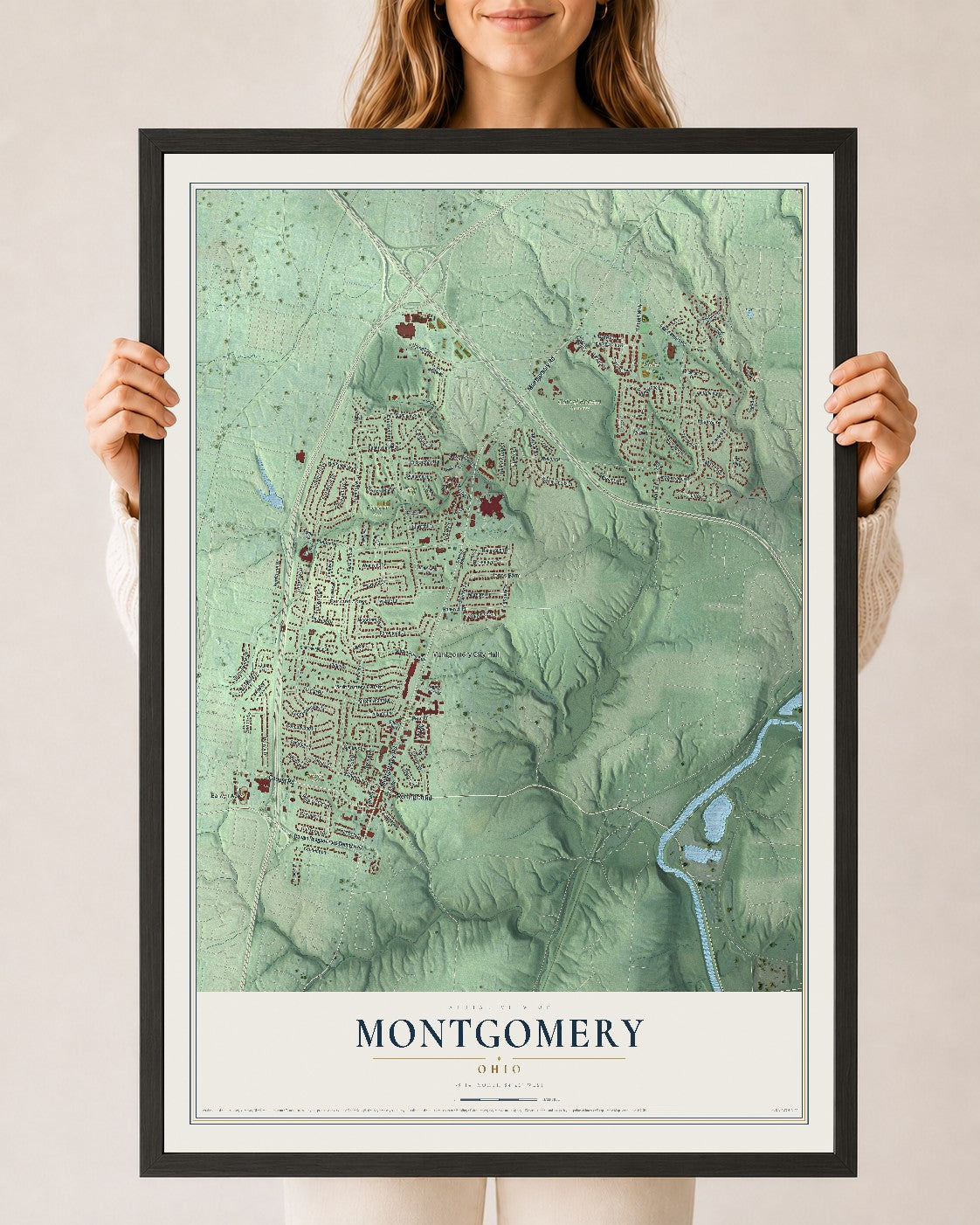Map of Montgomery, Ohio, 24 x 36 inch print in a black wood frame