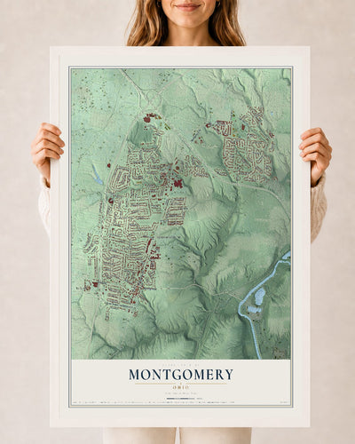 Map of Montgomery, Ohio, 24 x 36 inch print in a white wood frame