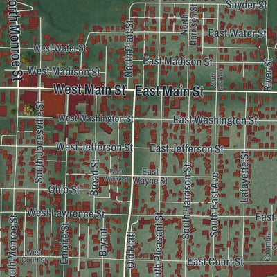 Close-up of the map of Montpelier, Ohio print showing street and building detail
