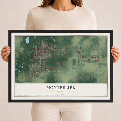 Map of Montpelier, Ohio, 12 x 18 inch print in a black wood frame