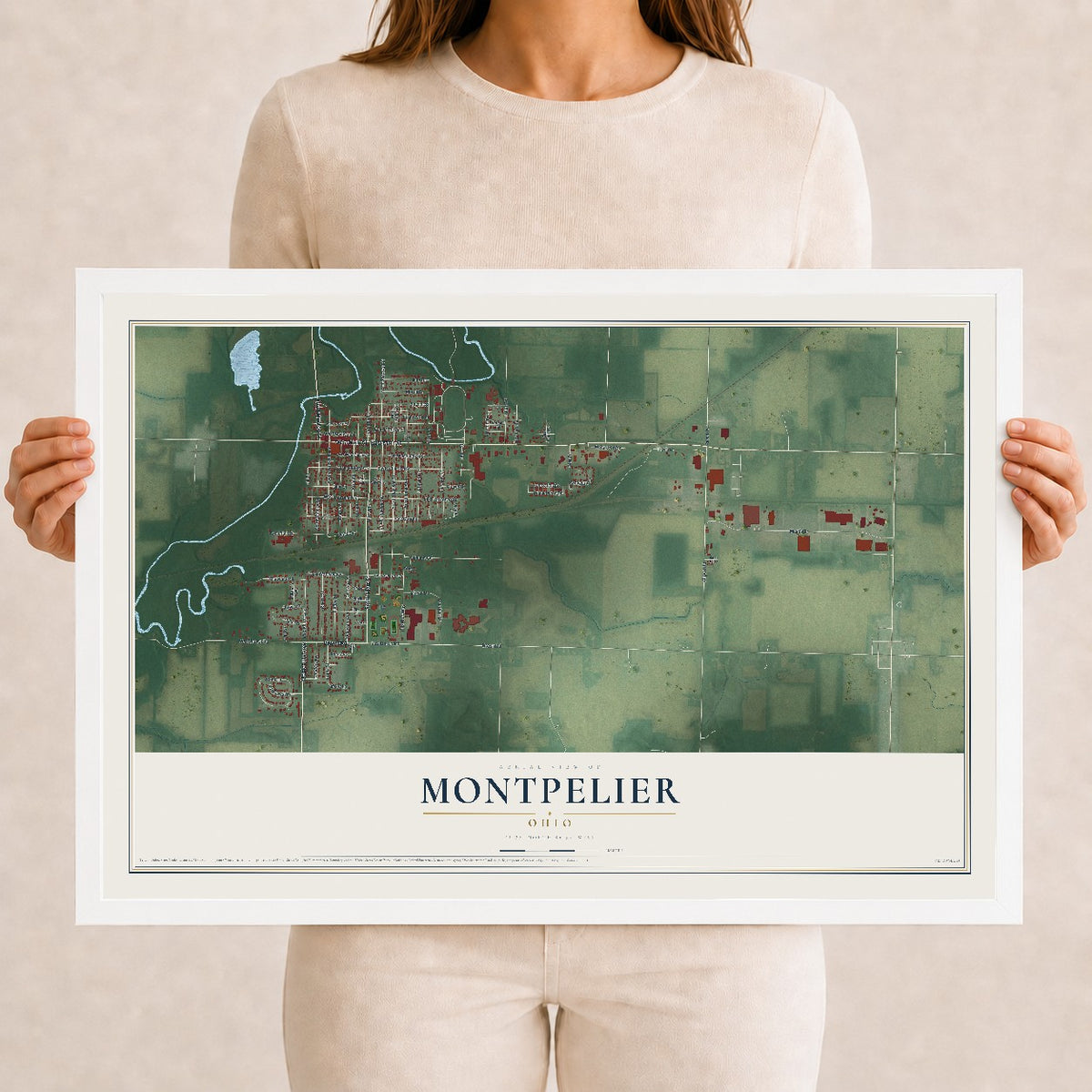 Map of Montpelier, Ohio, 12 x 18 inch print in a white wood frame