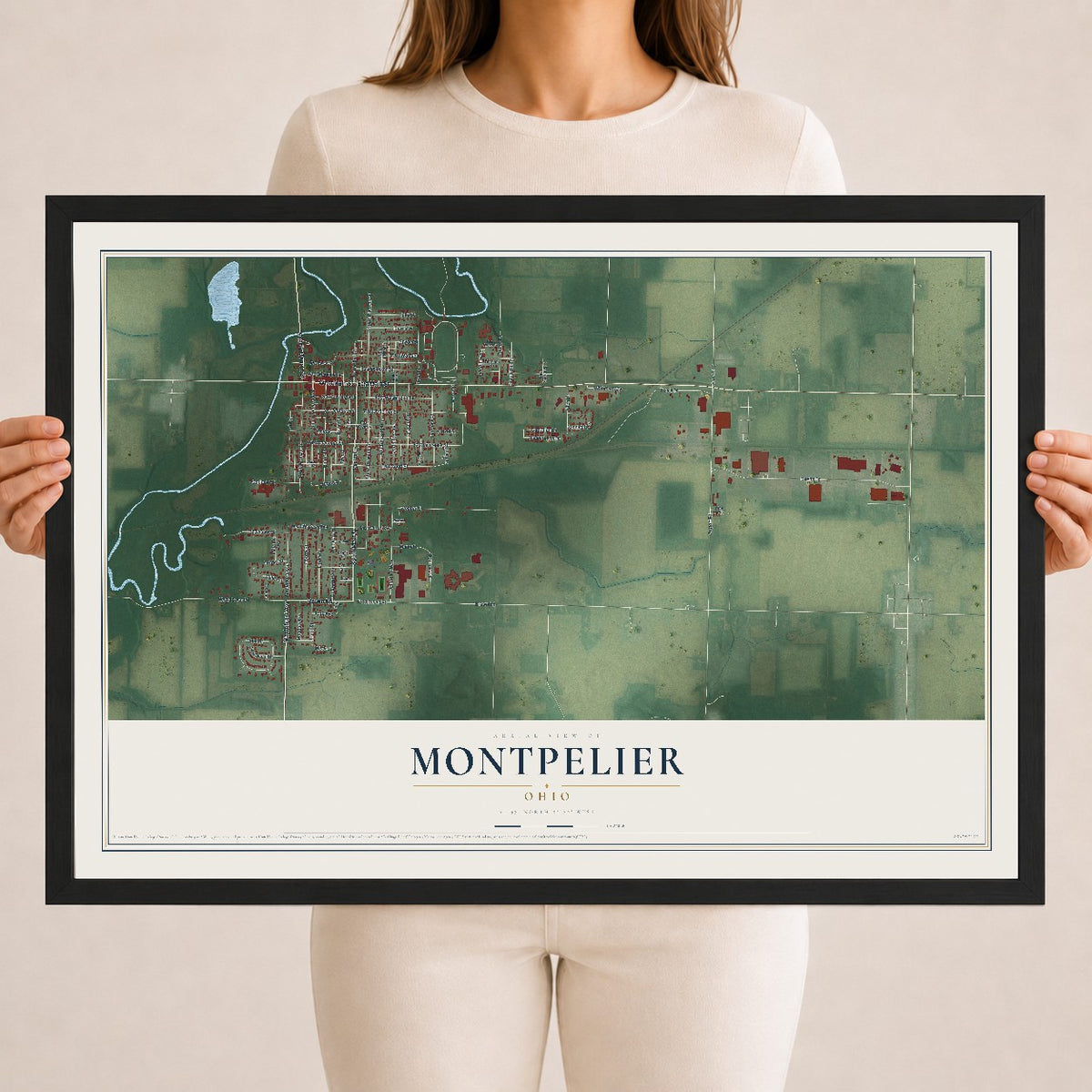 Map of Montpelier, Ohio, 18 x 24 inch print in a black wood frame