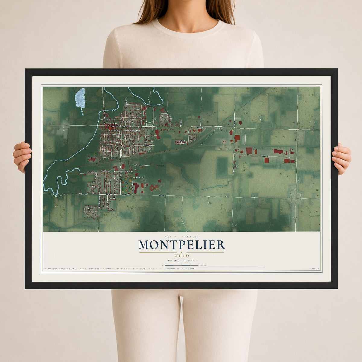 Map of Montpelier, Ohio, 24 x 36 inch print in a black wood frame