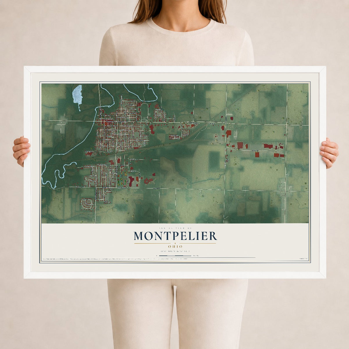 Map of Montpelier, Ohio, 24 x 36 inch print in a white wood frame