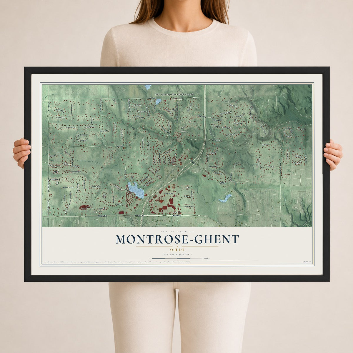 Map of Montrose-Ghent, Ohio, 24 x 36 inch print in a black wood frame