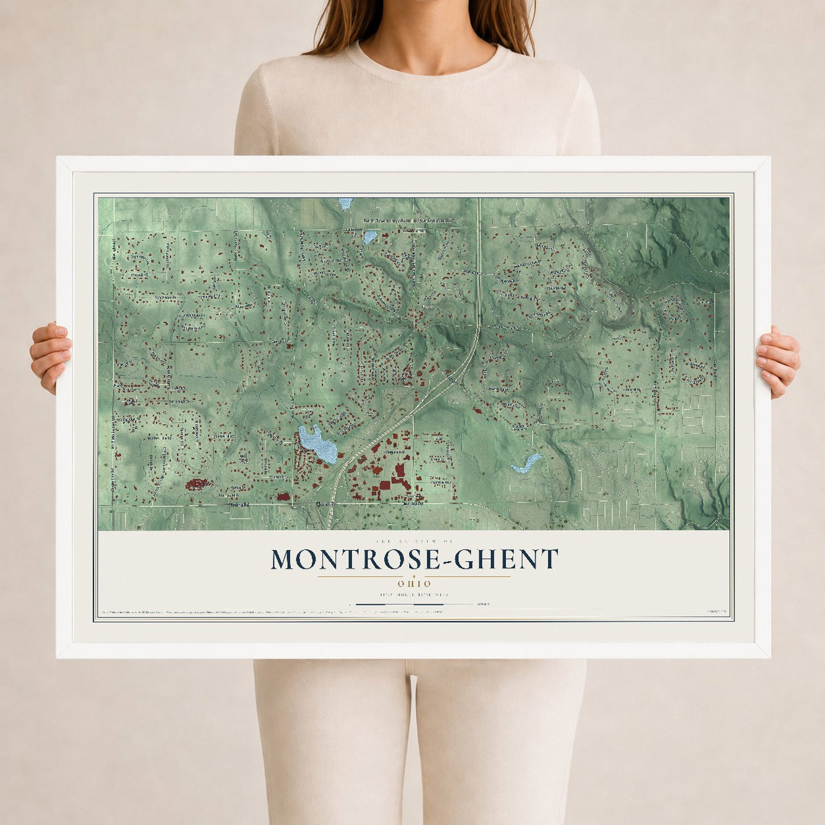 Map of Montrose-Ghent, Ohio, 24 x 36 inch print in a white wood frame