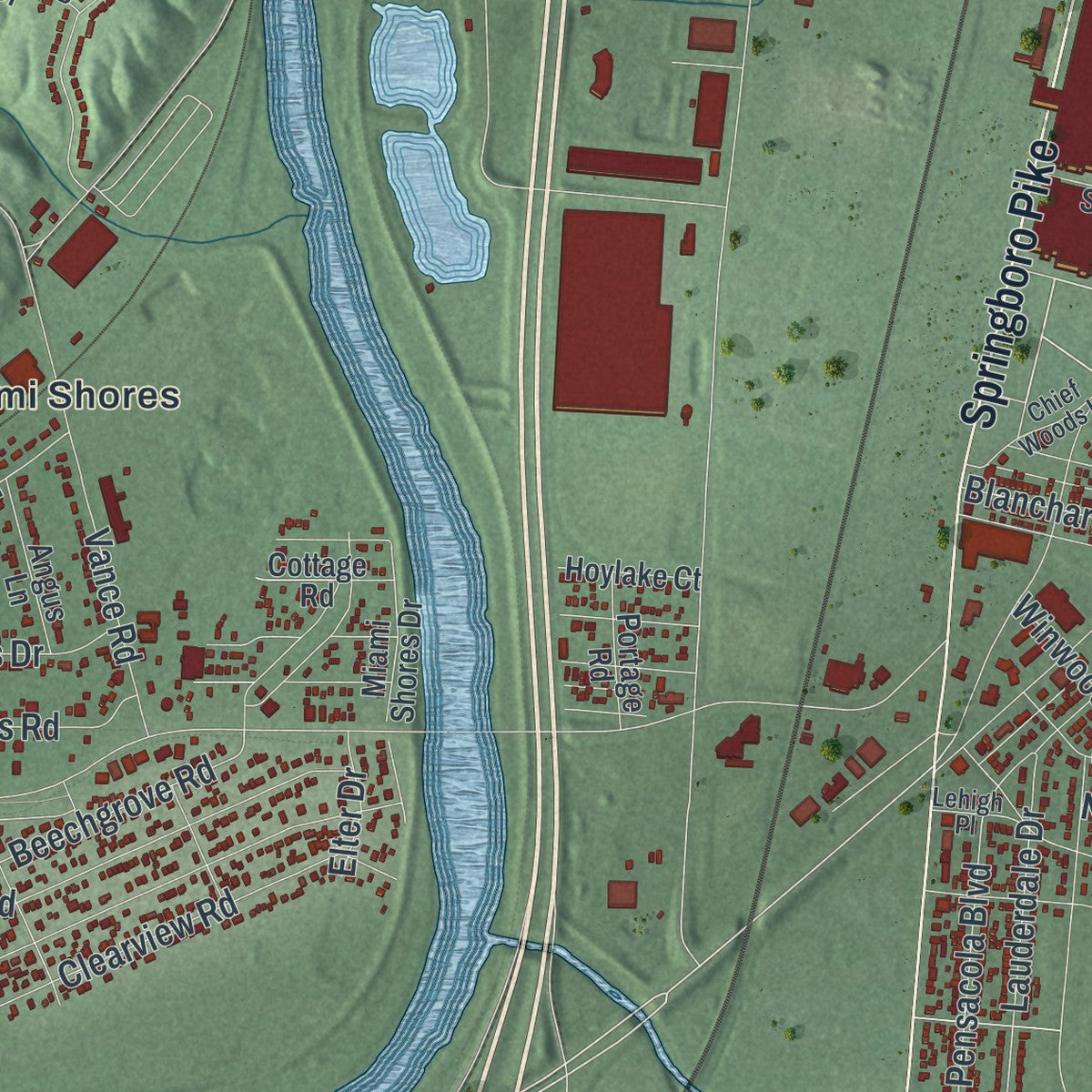 Close-up of the map of Moraine, Ohio print showing street and building detail