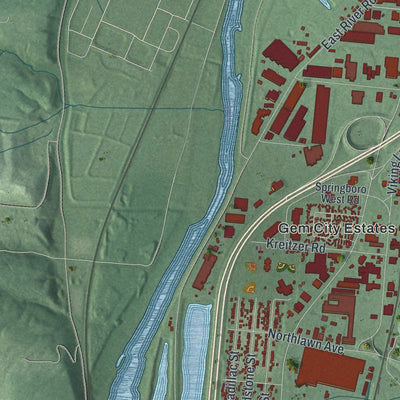 Second close-up of the map of Moraine, Ohio print showing more streets and buildings
