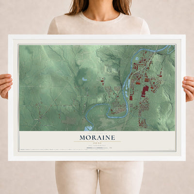 Map of Moraine, Ohio, 18 x 24 inch print in a white wood frame