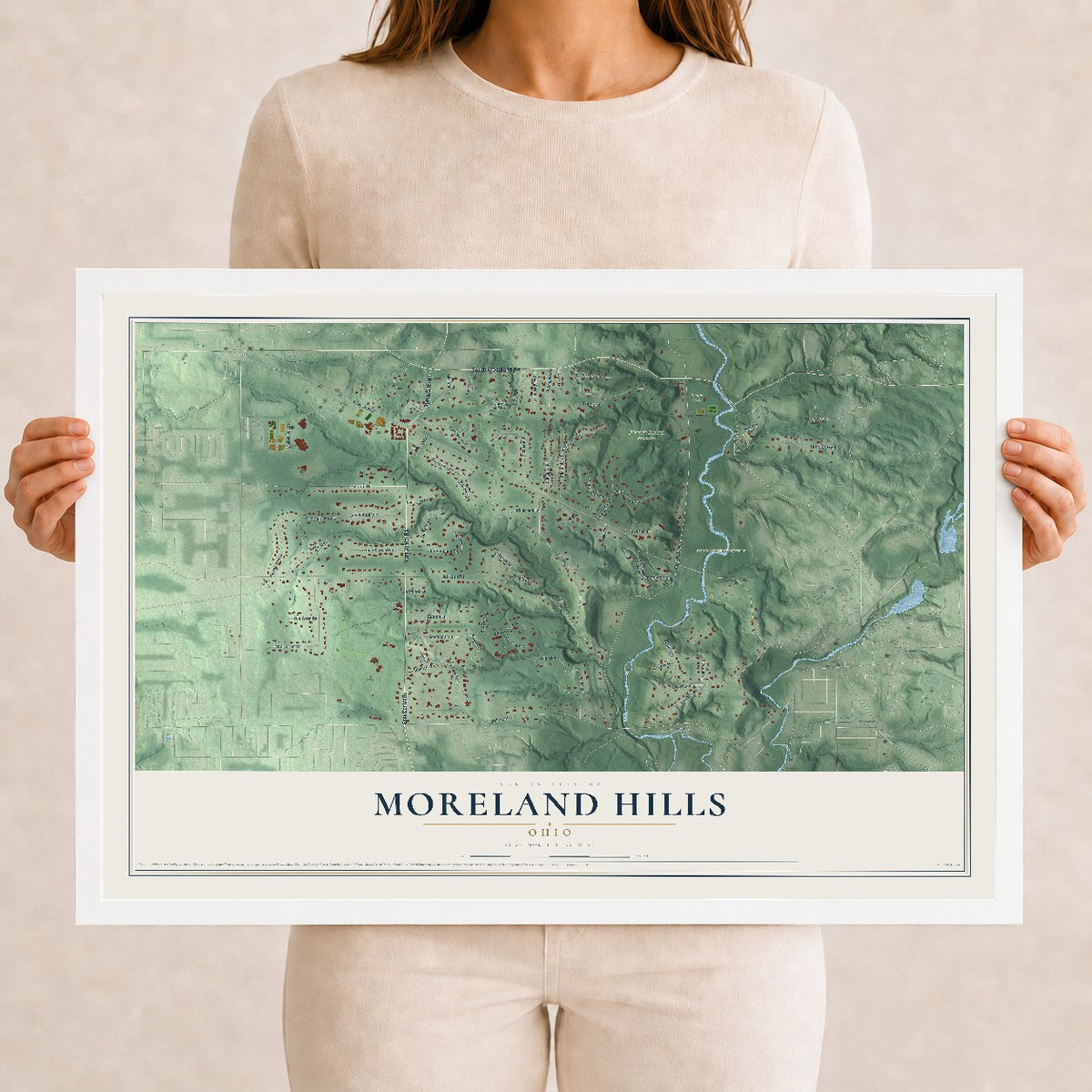Map of Moreland Hills, Ohio, 12 x 18 inch print in a white wood frame