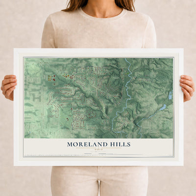 Map of Moreland Hills, Ohio, 12 x 18 inch print in a white wood frame
