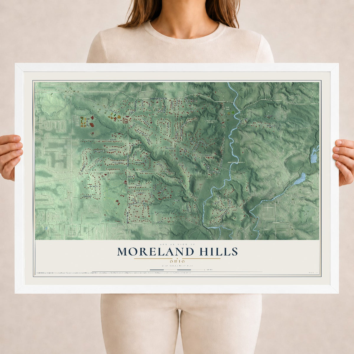 Map of Moreland Hills, Ohio, 18 x 24 inch print in a white wood frame