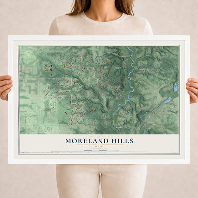 Map of Moreland Hills, Ohio, 18 x 24 inch print in a white wood frame