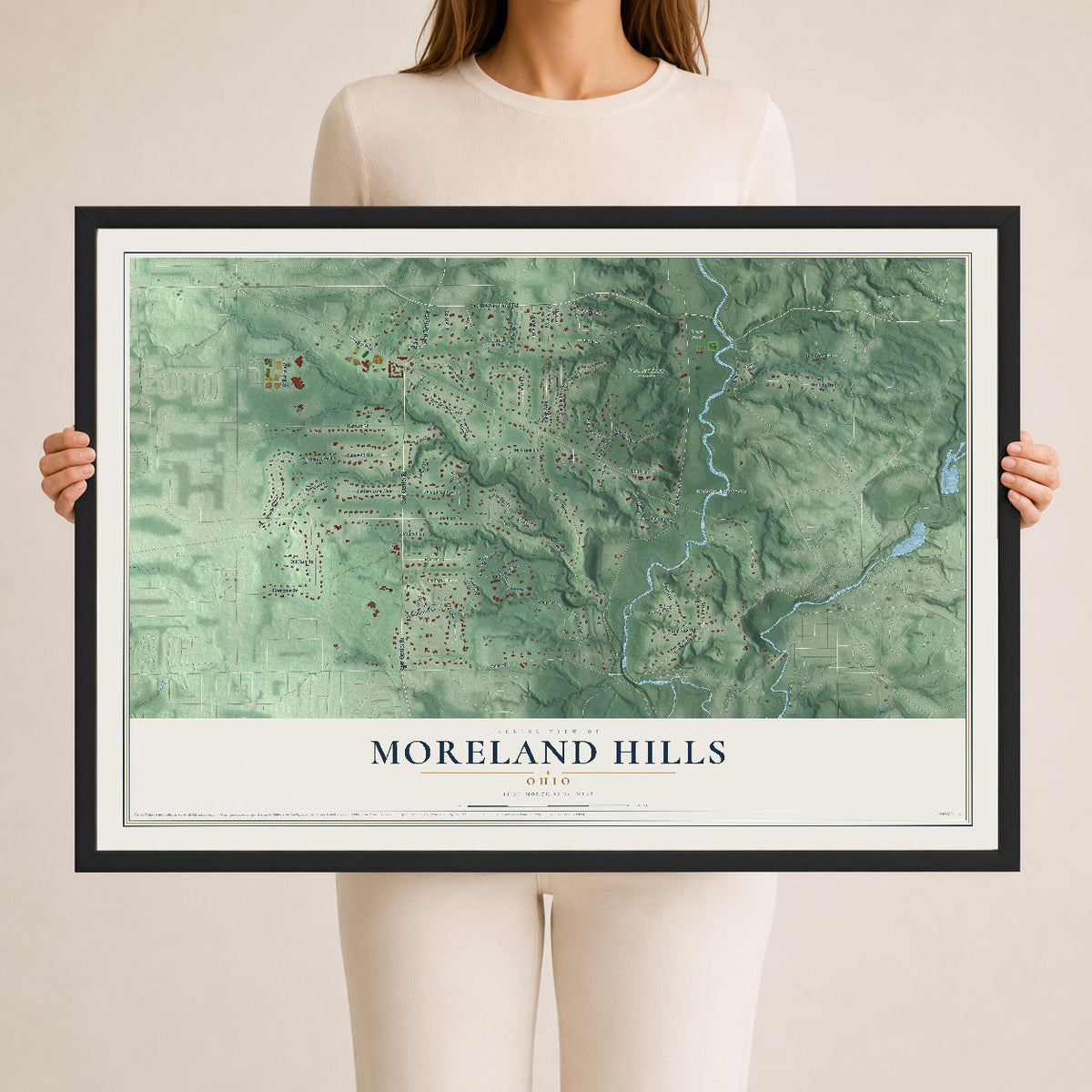 Map of Moreland Hills, Ohio, 24 x 36 inch print in a black wood frame