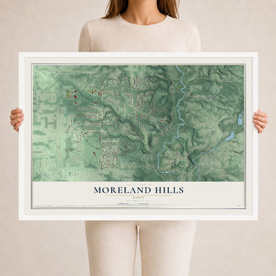 Map of Moreland Hills, Ohio, 24 x 36 inch print in a white wood frame
