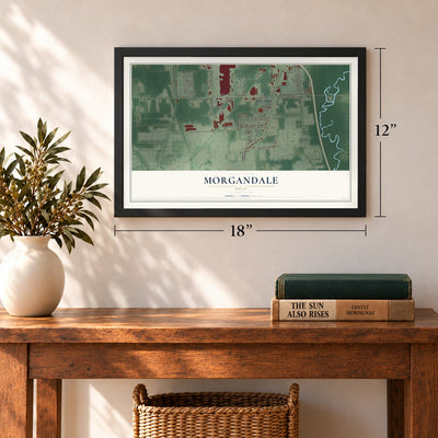 Morgandale, Ohio map, 12 x 18 inch print in a black frame in an entryway