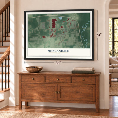 Morgandale, Ohio map, 24 x 36 inch print in a black frame above a dresser by a staircase