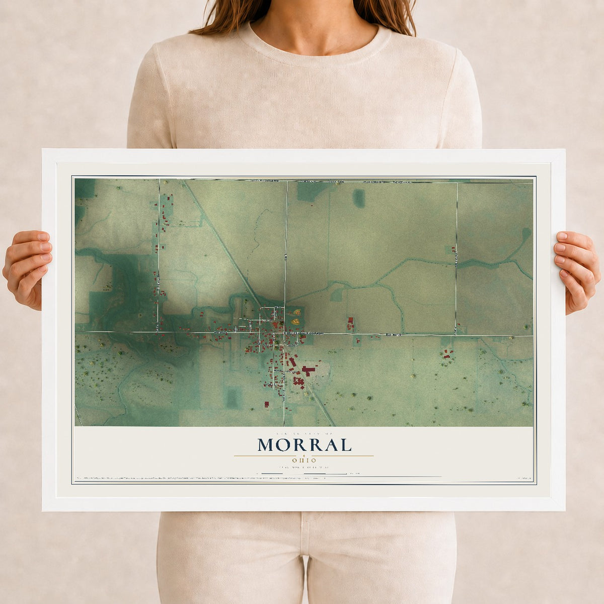 Map of Morral, Ohio, 12 x 18 inch print in a white wood frame