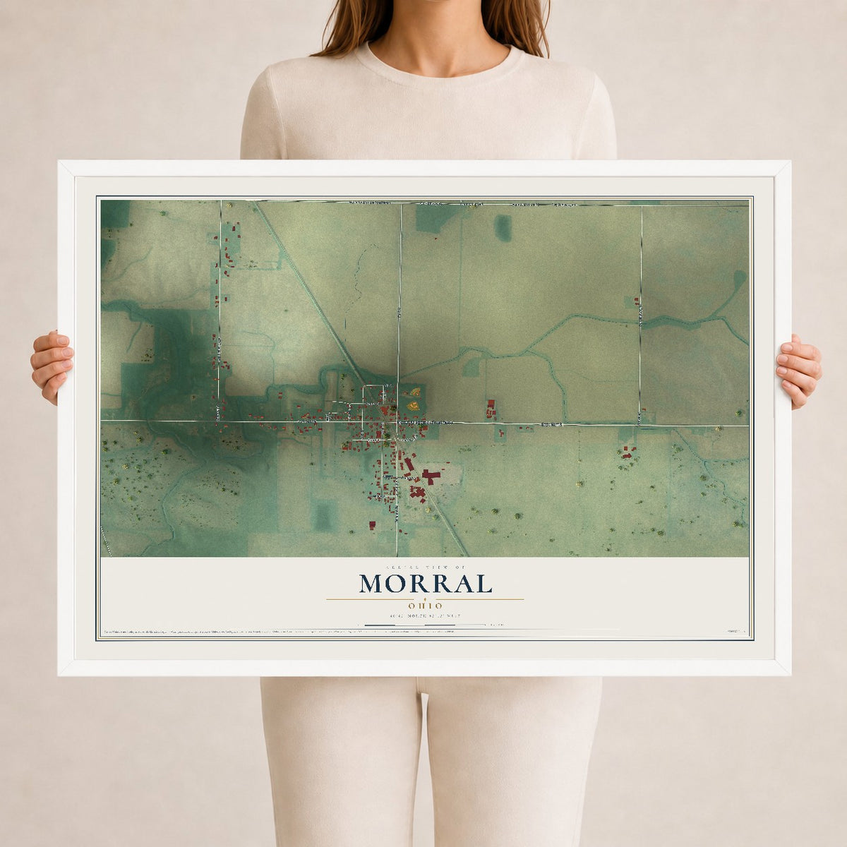 Map of Morral, Ohio, 24 x 36 inch print in a white wood frame