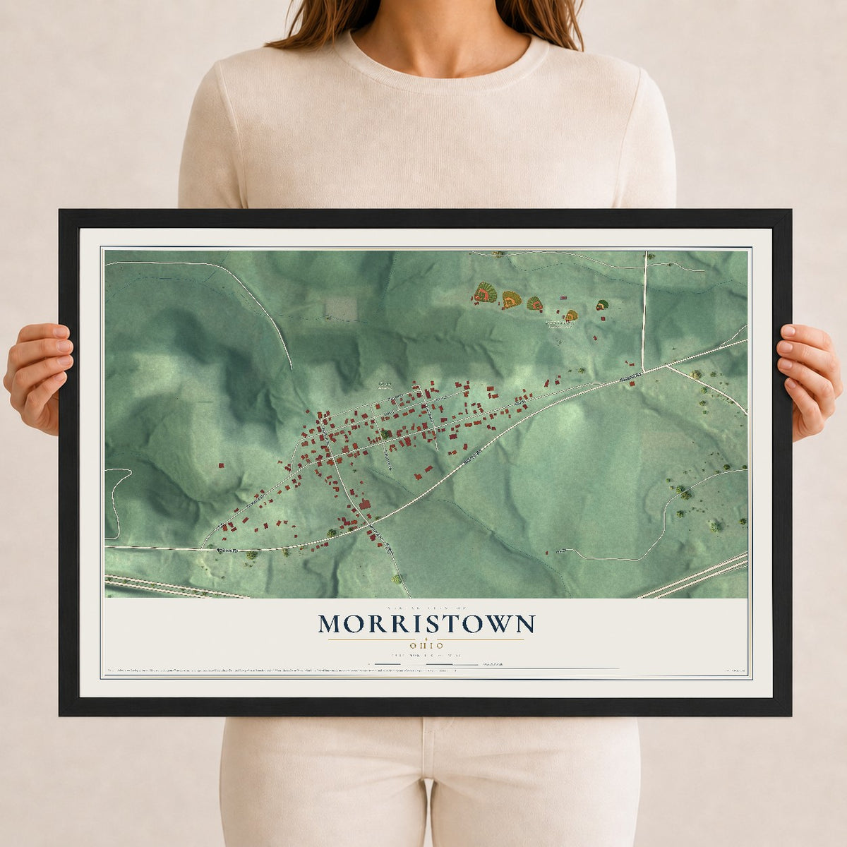 Map of Morristown, Ohio, 12 x 18 inch print in a black wood frame